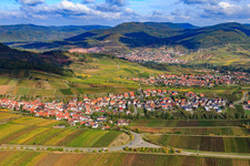 Aerial view of Wine-growing village between vineyards from the south in Ranschbach in the state Rhineland-Palatinate, Germany