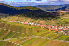 Aerial photograpy of Wine-growing village between vineyards from the south in Ranschbach in the state Rhineland-Palatinate, Germany