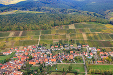 View of the winegrowers' village from the east and the Gottesacker vineyard in the district Pleisweiler in Pleisweiler-Oberhofen in the state Rhineland-Palatinate, Germany