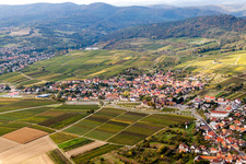 Aerial photograpy of Village - view on the edge of wine yards in Schweigen in the state Rhineland-Palatinate, Germany
