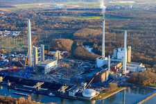 Aerial view of EnBW power plant in the district Daxlanden in Karlsruhe in the state Baden-Wuerttemberg, Germany