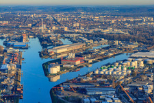 Aerial view of Rhine port Karlsruhe in the district Mühlburg in Karlsruhe in the state Baden-Wuerttemberg, Germany