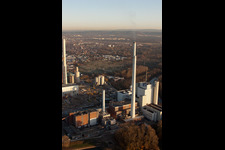 EnBW power plant in the district Daxlanden in Karlsruhe in the state Baden-Wuerttemberg, Germany from the plane