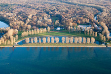 Aerial view of Rappenwört beach on the banks of the Rhine in the district Daxlanden in Karlsruhe in the state Baden-Wuerttemberg, Germany