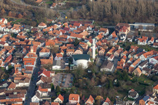 Aerial view of Catholic Parish church of St. Giles in Wörth am Rhein in the state Rhineland-Palatinate, Germany