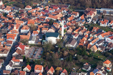 Aerial photograpy of Catholic Parish church of St. Giles in Wörth am Rhein in the state Rhineland-Palatinate, Germany