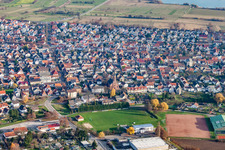 St. Martin's Church behind the sports field in the district Forchheim in Rheinstetten in the state Baden-Wuerttemberg, Germany