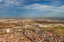 Paragliders over the DM Arena in the district Forchheim in Rheinstetten in the state Baden-Wuerttemberg, Germany