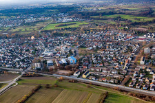 Aerial view of Hardt sports hall, secondary school in Durmersheim in the state Baden-Wuerttemberg, Germany