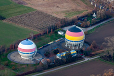 French German painted gas storage tanks in Rastatt in the state Baden-Wuerttemberg, Germany