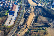 Aerial photograpy of Construction site at the Ottstr railway crossing in Wörth am Rhein in the state Rhineland-Palatinate, Germany