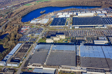 Oblique view of Industriepark Wörth GmbH with Mercedes-Benz Wörth automobile plant of Daimler AG in the district Maximiliansau in Wörth am Rhein in the state Rhineland-Palatinate, Germany