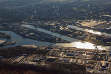 Aerial photograpy of Rhine harbor Karlsruhe from the north in the district Mühlburg in Karlsruhe in the state Baden-Wuerttemberg, Germany