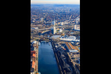 Jetty MS Karlsruhe in the Rhine harbor in front of the municipal power station in the district Mühlburg in Karlsruhe in the state Baden-Wuerttemberg, Germany
