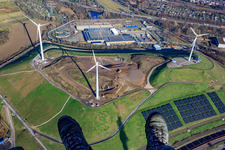 Aerial view of Landfill West (Energy Mountain) in front of Verkehrs Betriebe Karlsruhe GmbH - Depot West in the district Knielingen in Karlsruhe in the state Baden-Wuerttemberg, Germany