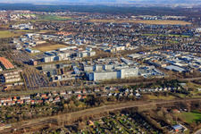 Siemens AG, manufacturing and development site Karlsruhe in the district Knielingen in Karlsruhe in the state Baden-Wuerttemberg, Germany from above
