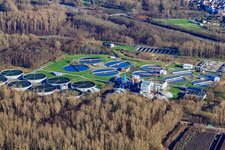 Sewage treatment plant Karlsruhe in the district Knielingen in Karlsruhe in the state Baden-Wuerttemberg, Germany from above