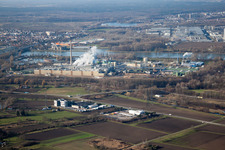 Aerial view of Maxau, Stora Enso from the east in the district Knielingen in Karlsruhe in the state Baden-Wuerttemberg, Germany