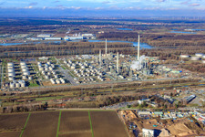Drone recording of Upper Rhine mineral oil refinery in the district Knielingen in Karlsruhe in the state Baden-Wuerttemberg, Germany