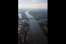 Aerial view of River - bridge construction over the river Rhine from Karlsruhe to Woerth am Rhein in the state Rhineland-Palatinate