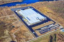 Aerial view of New Netto logistics center in the Oberwald industrial area in Wörth am Rhein in the state Rhineland-Palatinate, Germany
