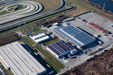 Aerial view of Building and production halls on the premises of Europack GmbH in the district Industriegebiet Woerth-Oberwald in Woerth am Rhein in the state Rhineland-Palatinate