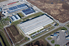 Oblique view of Building and production halls on the premises of Europack GmbH in the district Industriegebiet Woerth-Oberwald in Woerth am Rhein in the state Rhineland-Palatinate