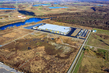 Oblique view of New Netto logistics center in the Oberwald industrial area in Wörth am Rhein in the state Rhineland-Palatinate, Germany