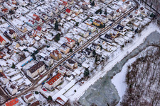 Aerial view of Gartenstadt settlement in winter when there is snow in Kandel in the state Rhineland-Palatinate, Germany