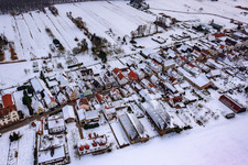 Bird's eye view of Saarstraße in winter with snow in Kandel in the state Rhineland-Palatinate, Germany