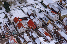 Saarstraße in winter with snow in Kandel in the state Rhineland-Palatinate, Germany viewn from the air