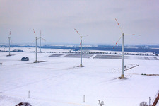 Aerial photograpy of Wind turbines in winter when there is snow in Minfeld in the state Rhineland-Palatinate, Germany