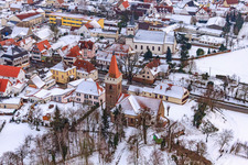 Protest. Church in winter with snow in Minfeld in the state Rhineland-Palatinate, Germany