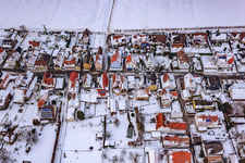 Aerial view of Gänsried in winter with snow in Freckenfeld in the state Rhineland-Palatinate, Germany