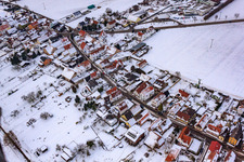 Aerial photograpy of Gänsried in winter with snow in Freckenfeld in the state Rhineland-Palatinate, Germany