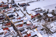 Aerial view of Nagel Winery in the snow in Vollmersweiler in the state Rhineland-Palatinate, Germany