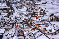 Aerial view of Haingasse x Hauptstraße in snow in Dierbach in the state Rhineland-Palatinate, Germany