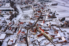 Aerial photograpy of Haingasse x Hauptstraße in snow in Dierbach in the state Rhineland-Palatinate, Germany