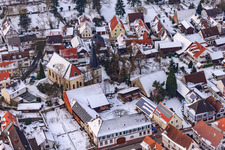 Aerial photograpy of Church in the snow in Barbelroth in the state Rhineland-Palatinate, Germany