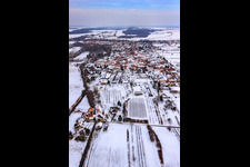 Aerial view of Village view from the west in snow in Winden in the state Rhineland-Palatinate, Germany