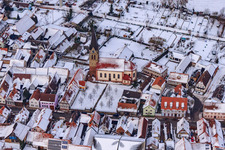 Aerial view of Church of St. Martin near Snow in Steinweiler in the state Rhineland-Palatinate, Germany