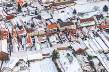 Kreuzgasse in the snow in Steinweiler in the state Rhineland-Palatinate, Germany from the plane