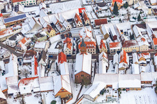 Aerial photograpy of Protest. Church in the snow in Steinweiler in the state Rhineland-Palatinate, Germany