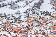 Church of St. Martin near Snow in Steinweiler in the state Rhineland-Palatinate, Germany from above