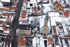 Oblique view of Protestant Church, Town Hall in Erlenbach bei Kandel in the state Rhineland-Palatinate, Germany