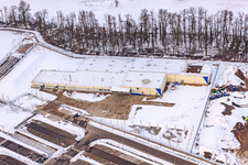 Aerial view of Horst industrial estate, Alfa Aesar company in snow in the district Minderslachen in Kandel in the state Rhineland-Palatinate, Germany