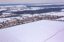 Aerial photograpy of Village view from the west in snow in the district Minderslachen in Kandel in the state Rhineland-Palatinate, Germany