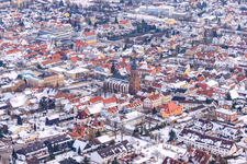 Market square, church in snow in Kandel in the state Rhineland-Palatinate, Germany