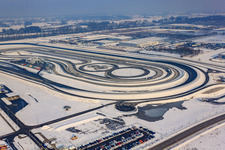 Aerial photograpy of Oberwald industrial area, Daimler truck test track in winter with snow in Wörth am Rhein in the state Rhineland-Palatinate, Germany