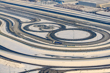 Oberwald industrial area, Daimler truck test track in winter with snow in Wörth am Rhein in the state Rhineland-Palatinate, Germany from above